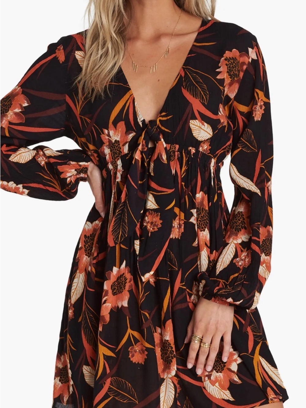 Billabong Black Floral Tie-Front Mini Dress with Rust & Cream Blooms